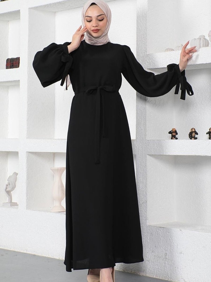 Mec Fashion Siyah Kolları Bağlamalı Elbise