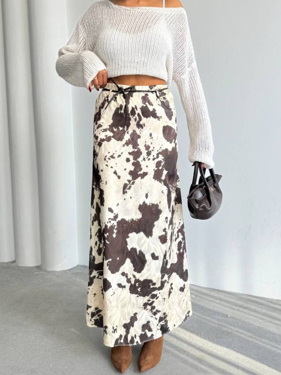 İLKCET MODA Kahve Desenli Uzun Saten Etek