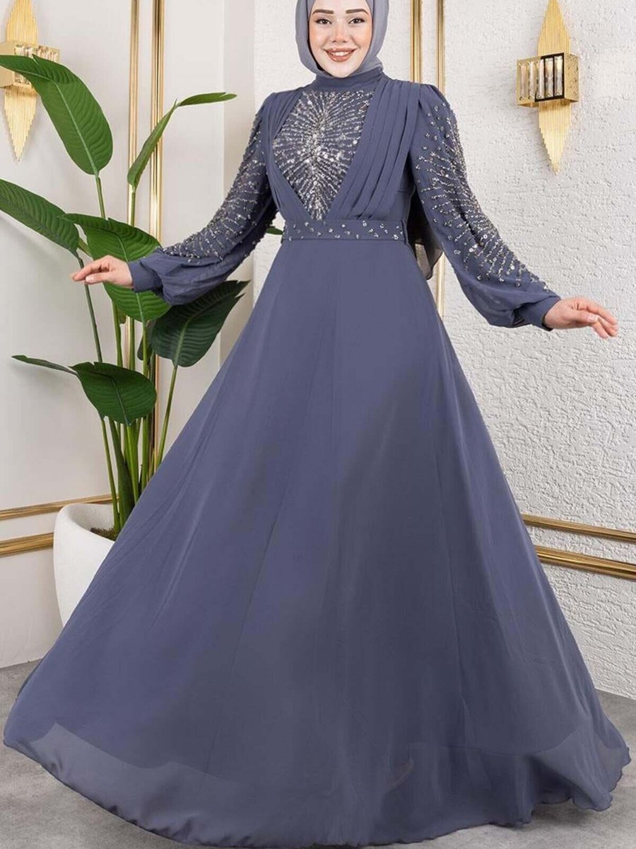 Mec Fashion Antrasit Taş İşlemeli Şifon Abiye Elbise