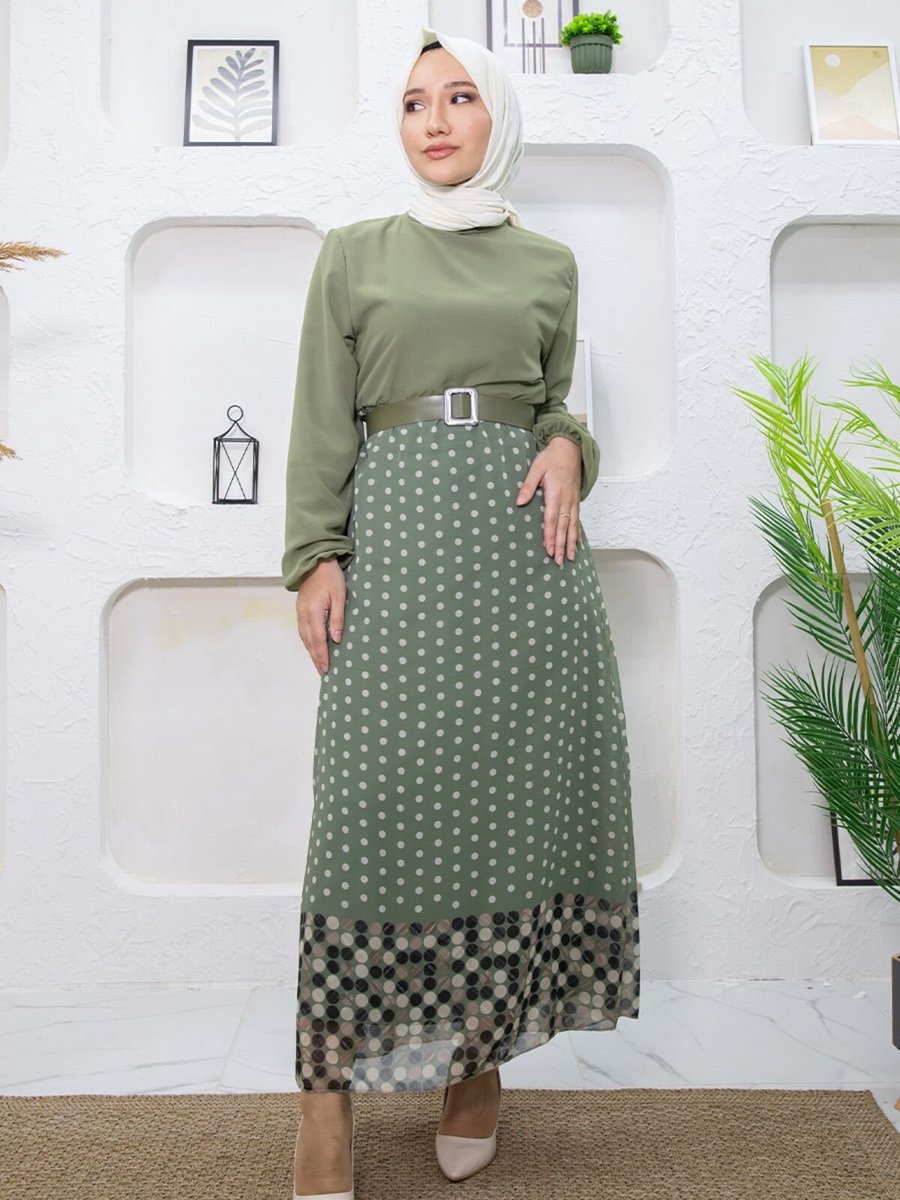 Mec Fashion Yeşil Eteği Puantiyeli Elbise