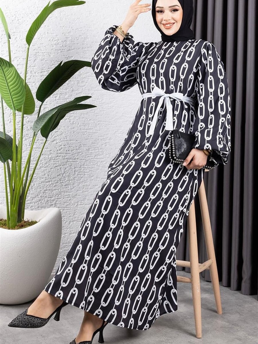 Mec Fashion Siyah Zincir Desenli Elbise