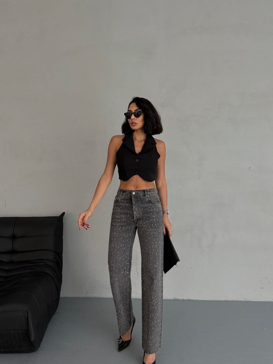 LOISY Gri Taşlı Premium Kot Pantolon