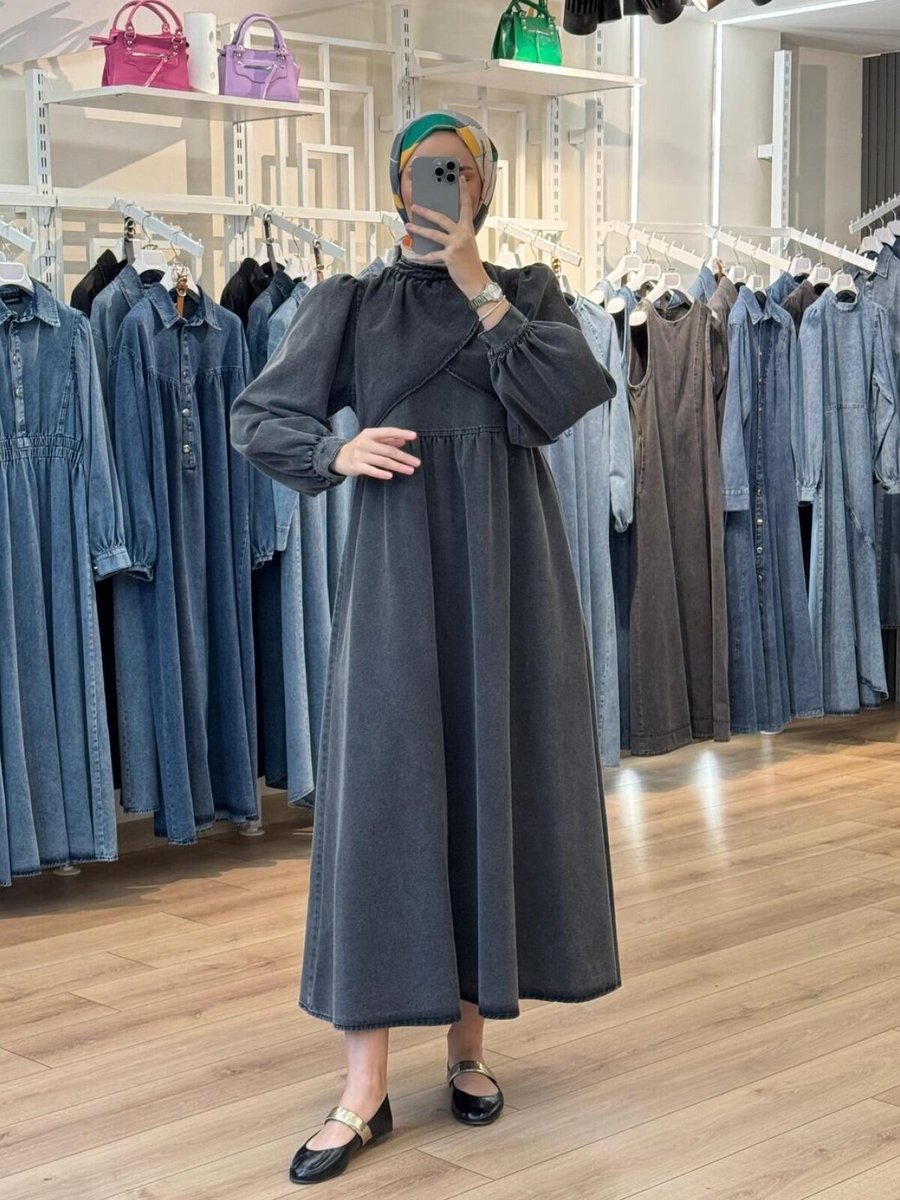 OlaLady Siyah Göğsü Çift Katlı Pileli Kot Elbise