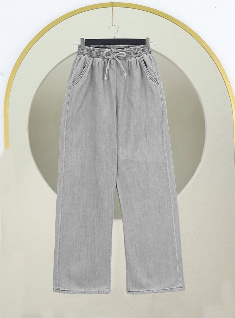 Podyumplus Gri Beli Lastikli Cepli Bol Paça Kot Pantolon