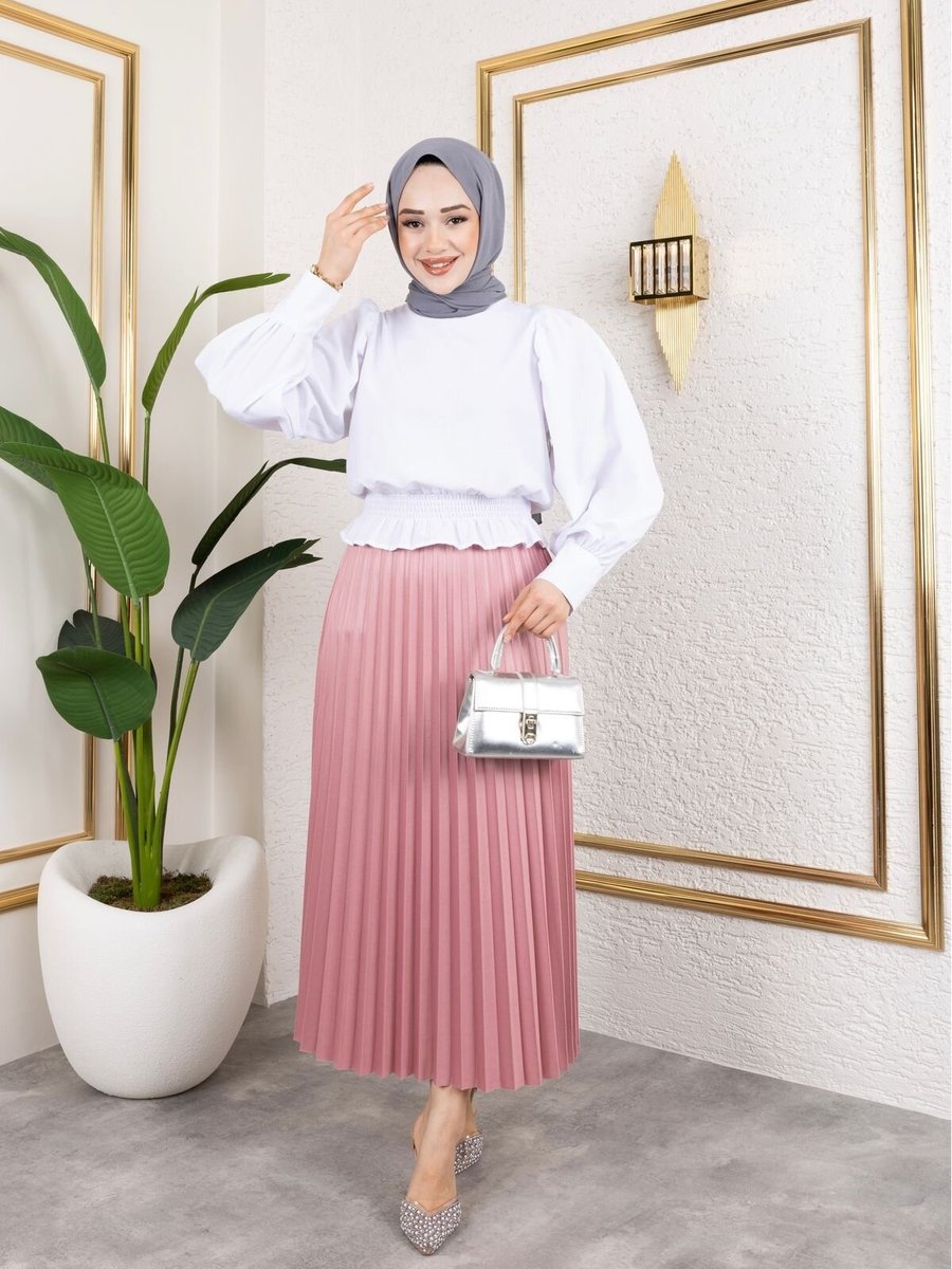 SFG Life Moda Gül Uzun Deri Görünümlü Beli Lastikli Piliseli Etek