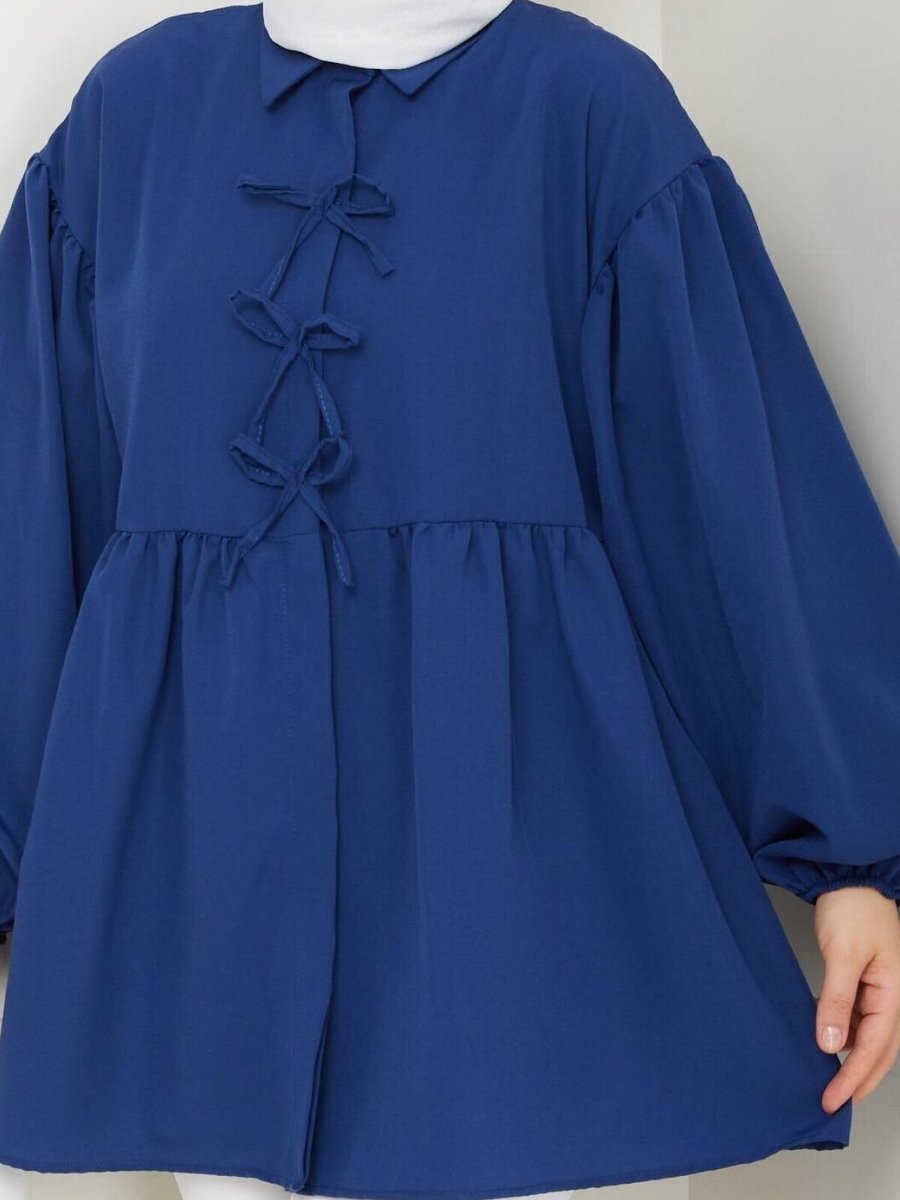 Nergis Neva Butik Lacivert Poplin Kumaş Fiyonklu Balon Kol Tunik