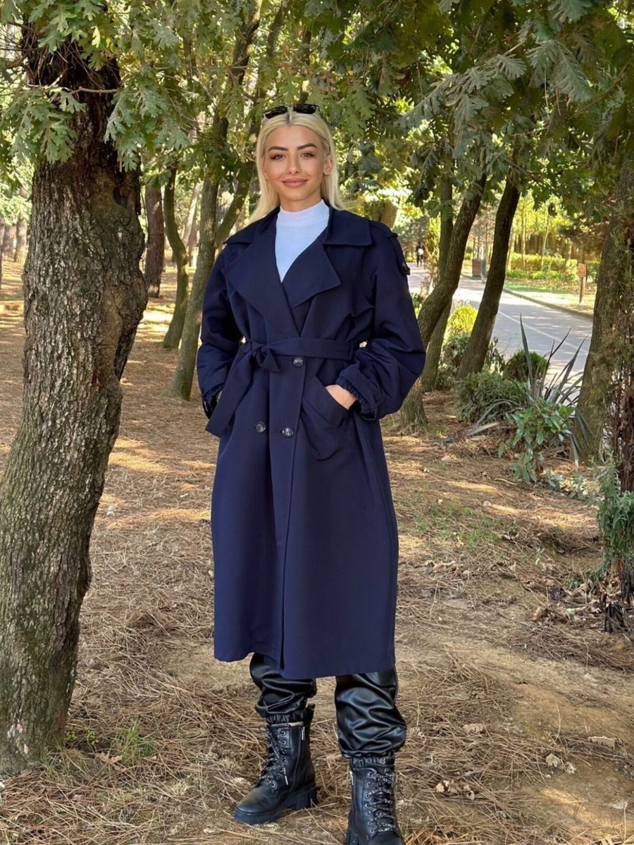 Swana Lacivert Kuşaklı Trençkot