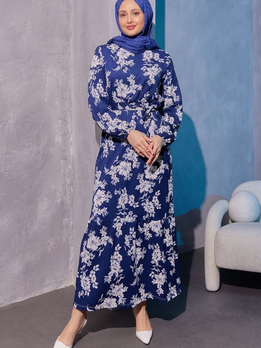 Mec Fashion Lacivert Çiçekli Elbise