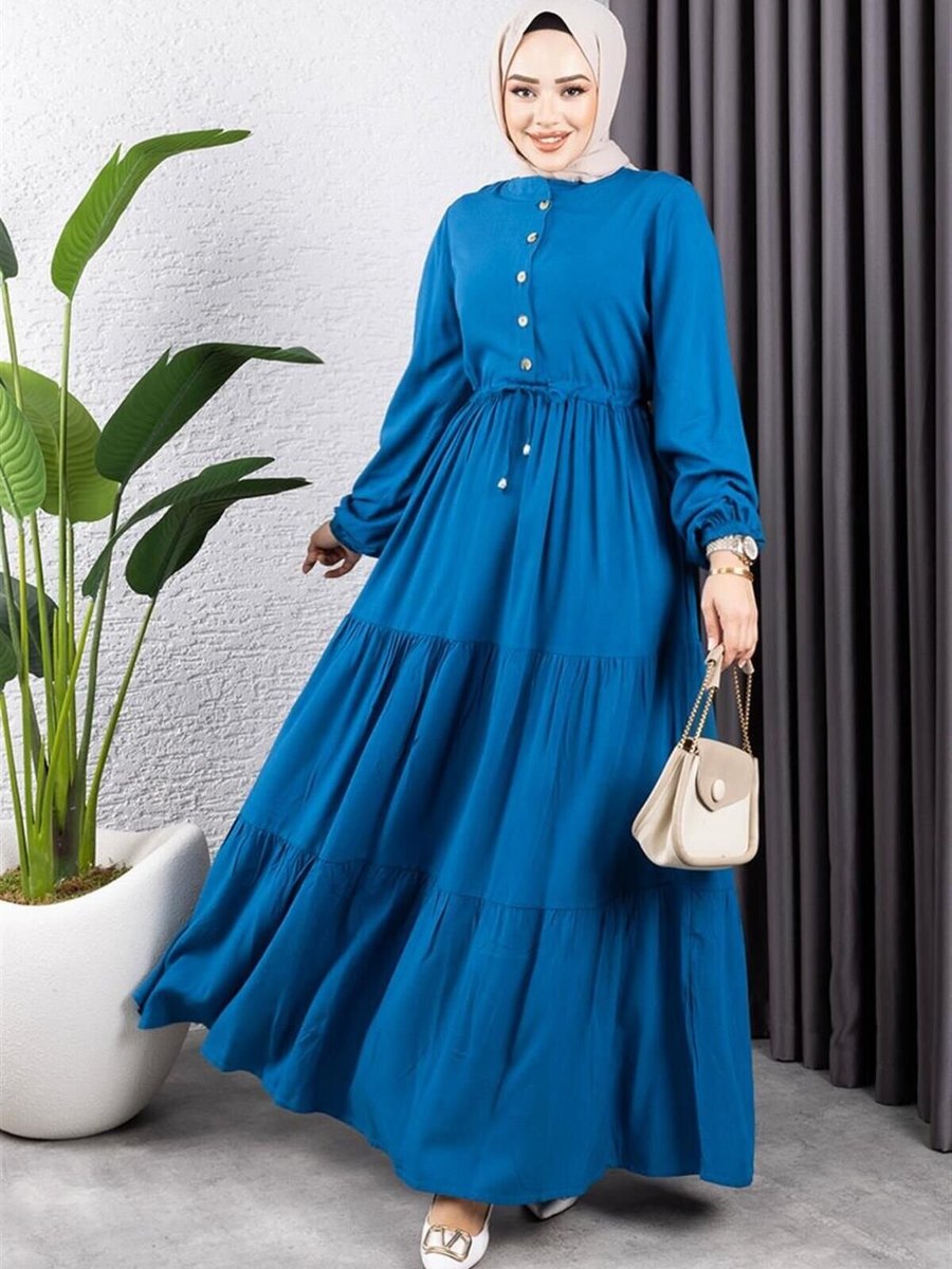 Mec Fashion İndigo Belden Bağcıklı Viskon Elbise