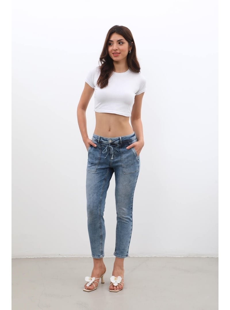 Blue White Mavi Bağcıklı Likralı Jean Pantolon