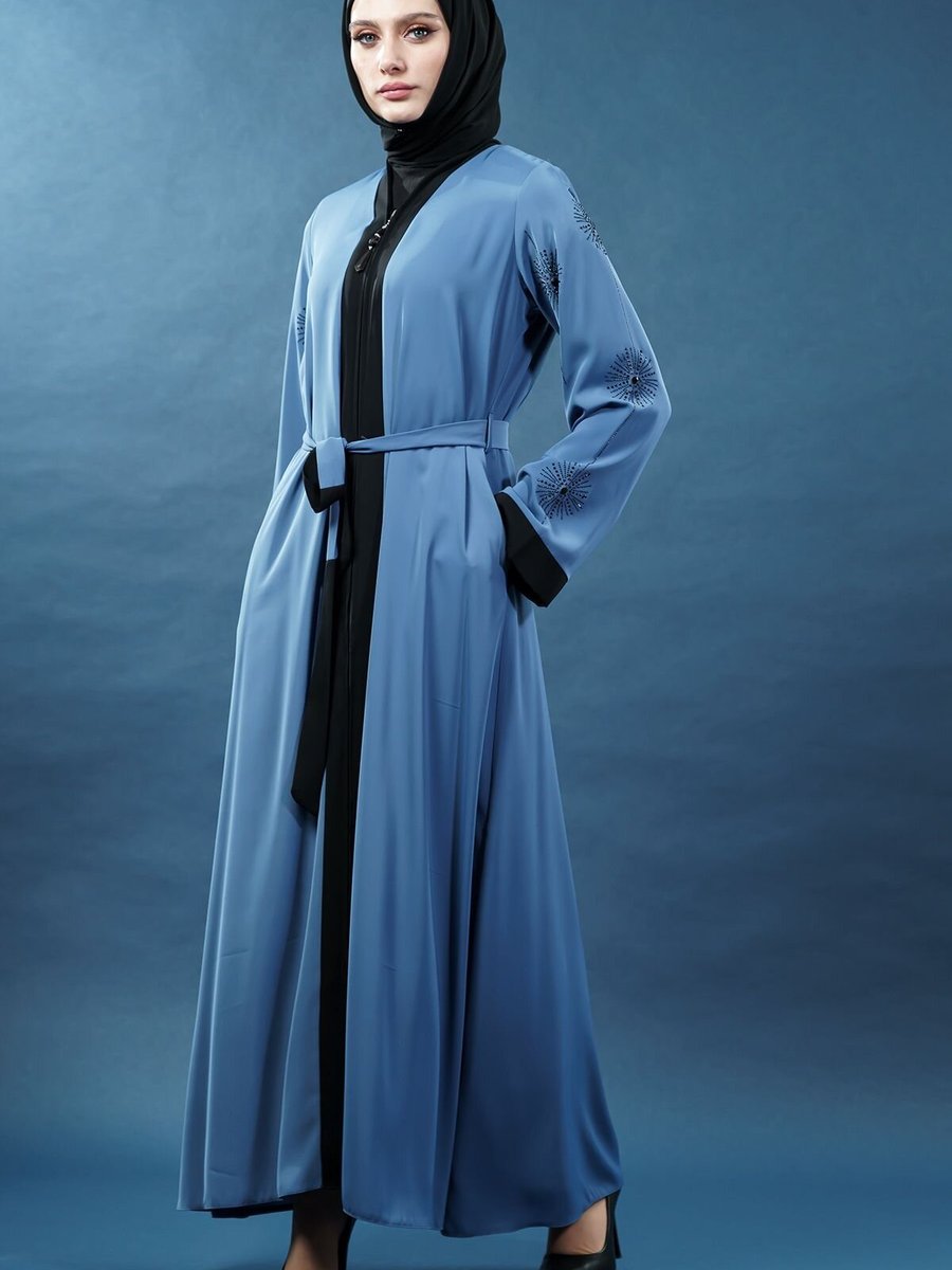 Mec Fashion İndigo Taş İşlemeli Fermuarlı Abaya