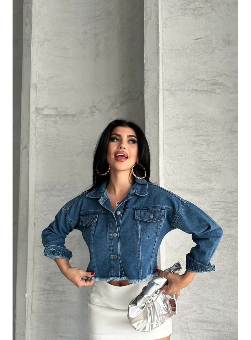 Destemoda Mavi Çift Kapaklı Lazer Kesim Crop Kot Ceket