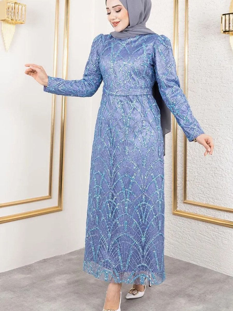 Mec Fashion İndigo Afilli Simli Kalem Abiye Elbise
