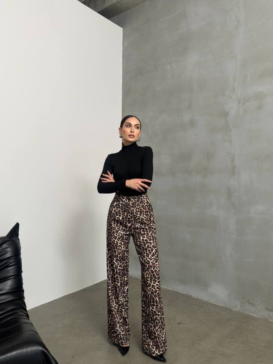 RAWEA FASHİON Bej Premium Leopar Palazzo Pantolon