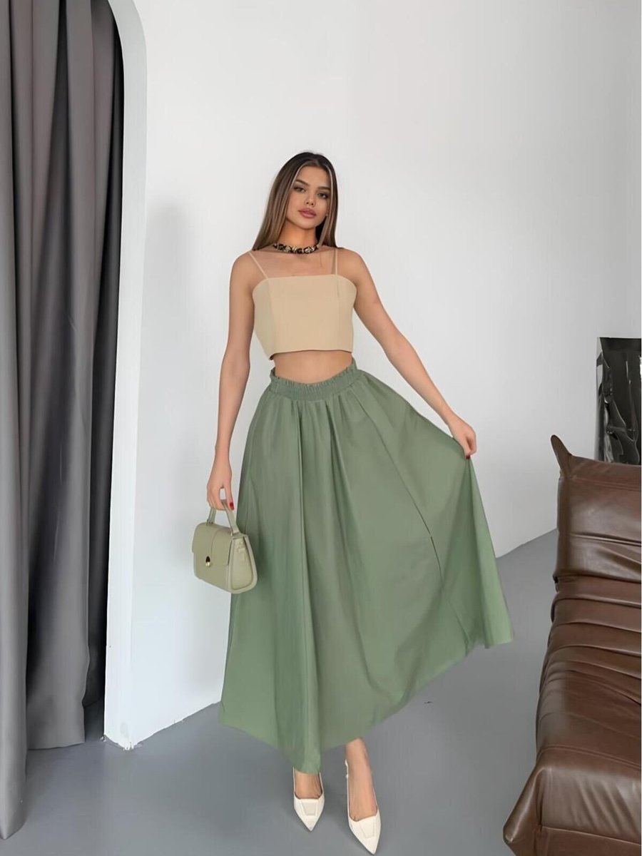 İLKCET MODA Açık Yeşil Uzun Paraşüt Kumaş Bol Kesim Etek