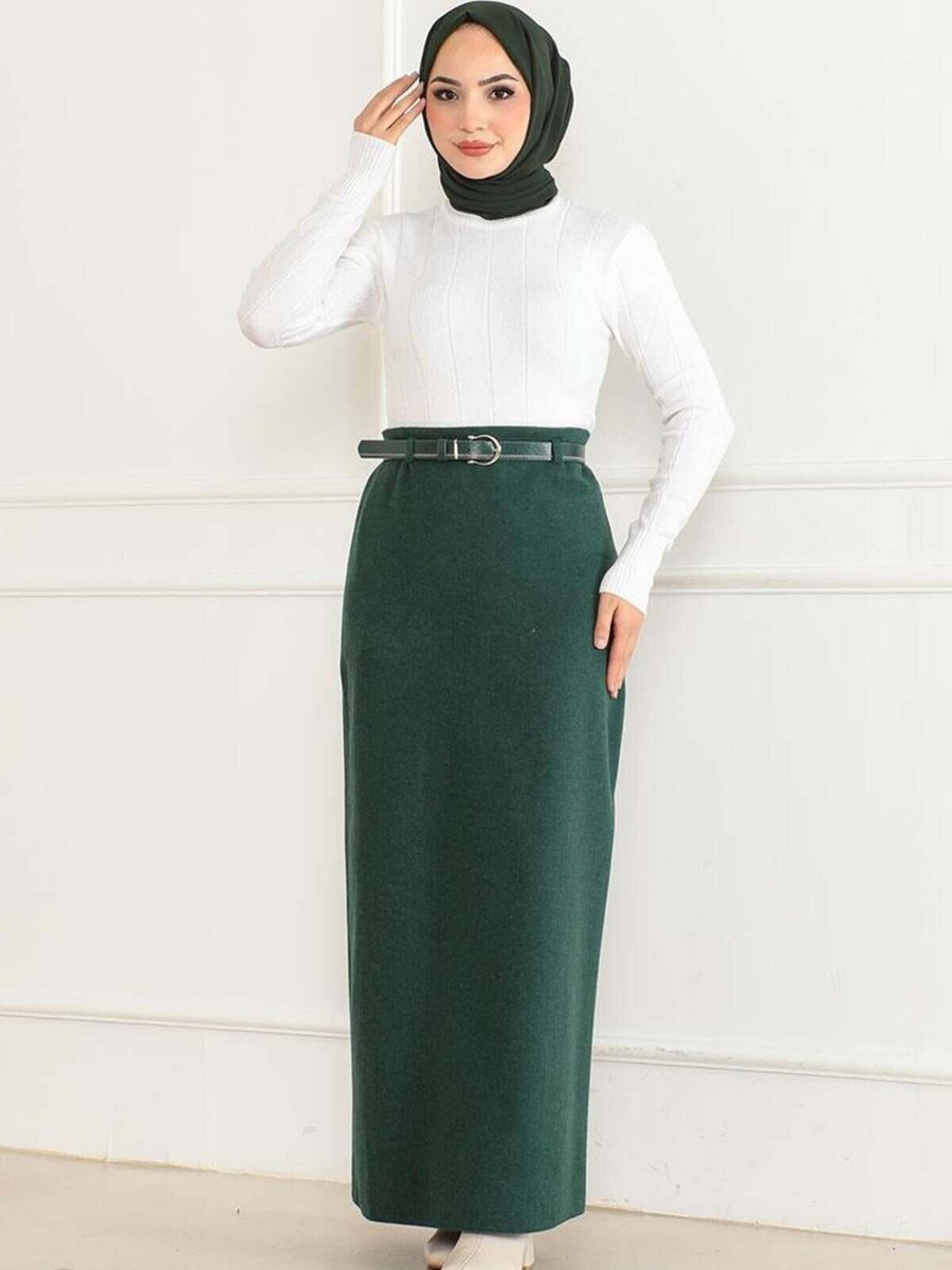 Mec Fashion Zümrüt Yeşili Uzun Kemerli Kaşe Kalem Etek
