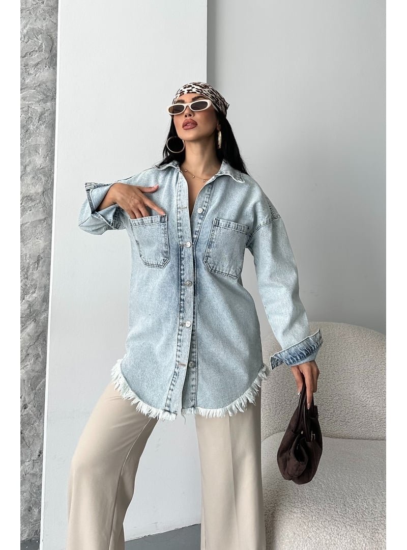 Destemoda Buz Mavisi Kot Gömlek Yakalı Eteği Püsküllü Denim Ceket