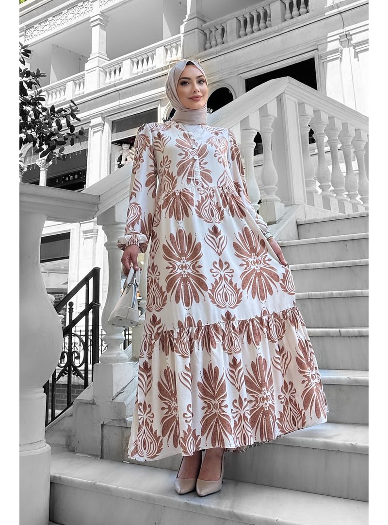Liz Butik Kahverengi Bohem Desenli Viskon Elbise