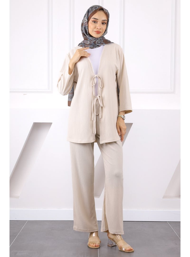 İmaj Butik Taş Ön Bağlamalı Bürümcük Kimono Pantolonlu Takım