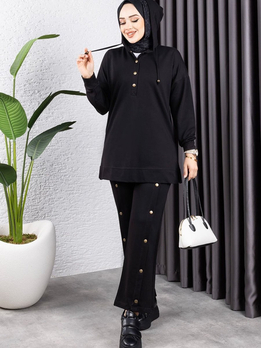 Mec Fashion Siyah Pantolonu Çıtçıt Detaylı Spor İkili Takım
