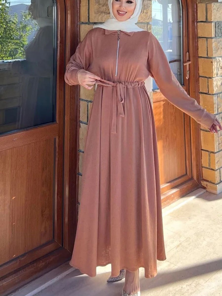 Swana Taba Fitilli Örme Kumaş Fermuar Detaylı Elbise