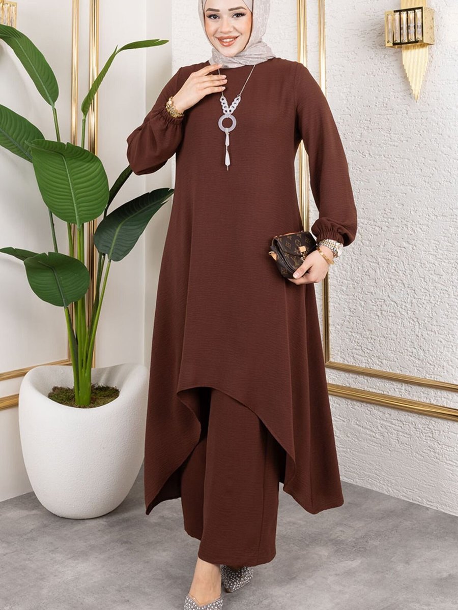 Mec Fashion Kahverengi Kolyeli Asimetrik İkili Takım
