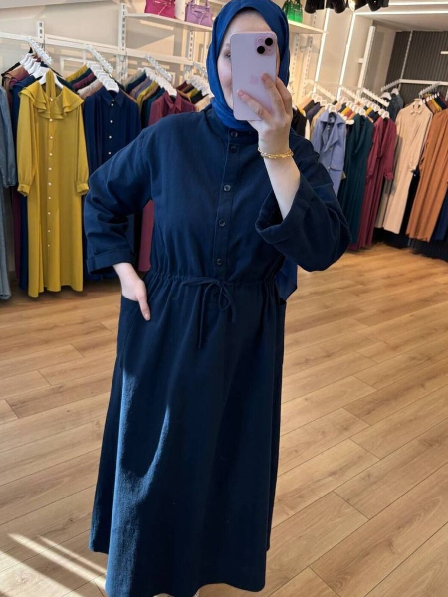 OlaLady Lacivert Yanları Cepli Önü Düğmeli Pamuklu Keten Elbise