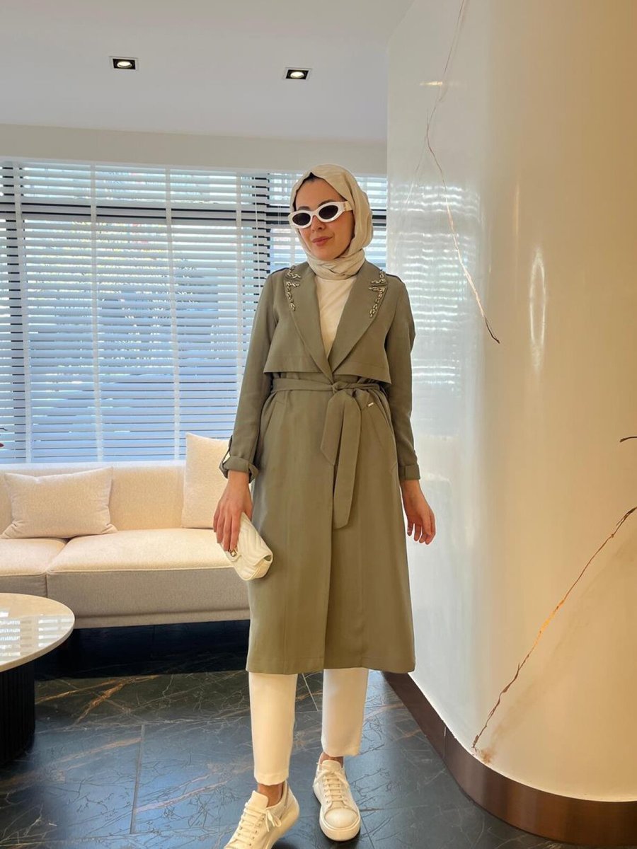 Moodbasic Haki Taş İşlemeli Astarsız Cupra Trenchkot