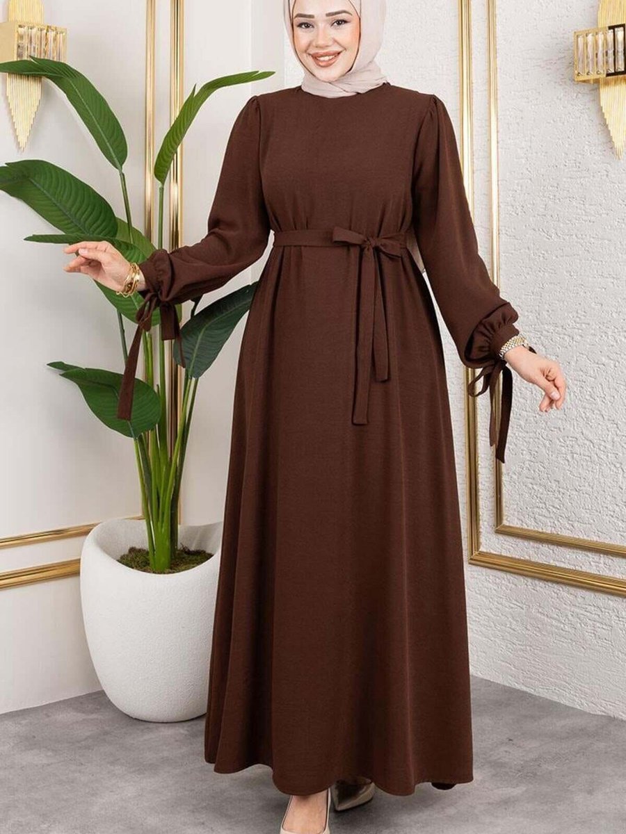 Mec Fashion Kahverengi Manşeti Bağcıklı Abiye Elbise