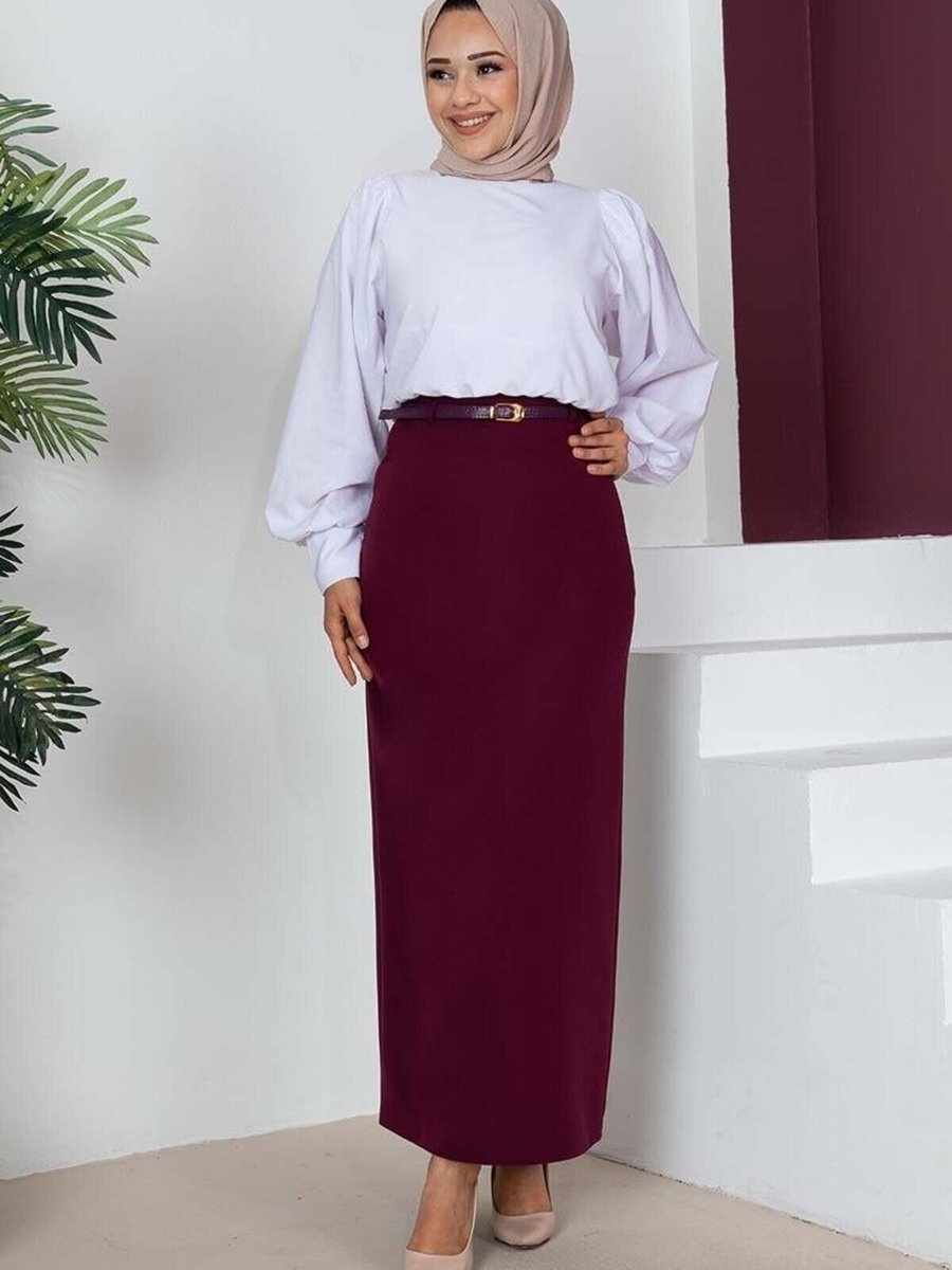 Mec Fashion Mürdüm Uzun Kemerli Kalem Etek