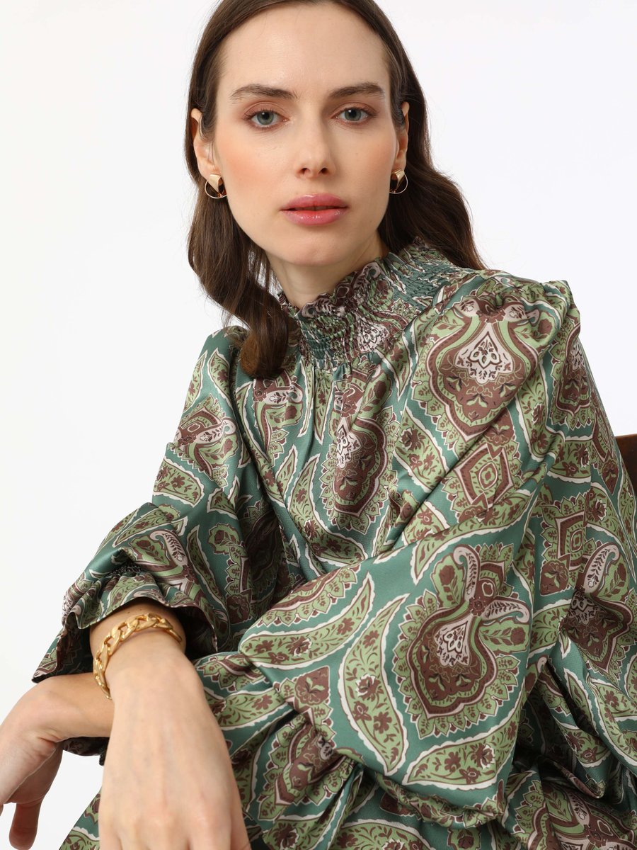 Refka Baskılı Saten Tunik Yesil