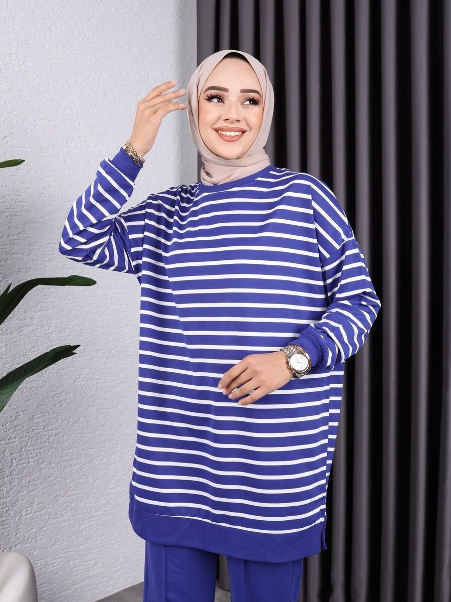 SFG Life Moda Mavi Bisiklet Yaka Önü Çizgili İki İplik Büyük Beden Tunik
