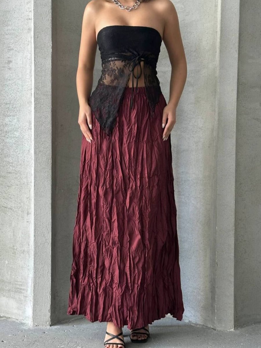 İLKCET MODA Bordo Uzun Kraşlı Etek