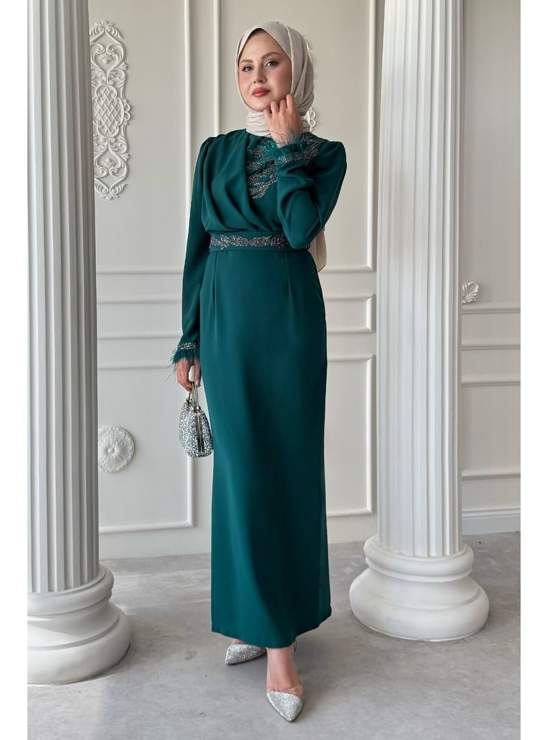 InStyle Taş Yaka Tüylü Kol Abiye Elbise
