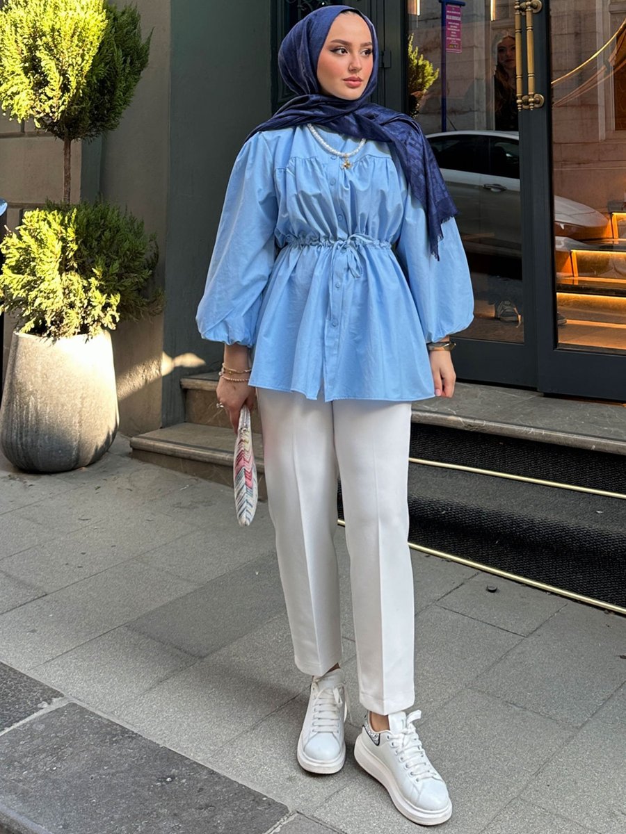 Locco Moda Mavi Robadan Büzgü Detaylı Balon Kol Gömlek