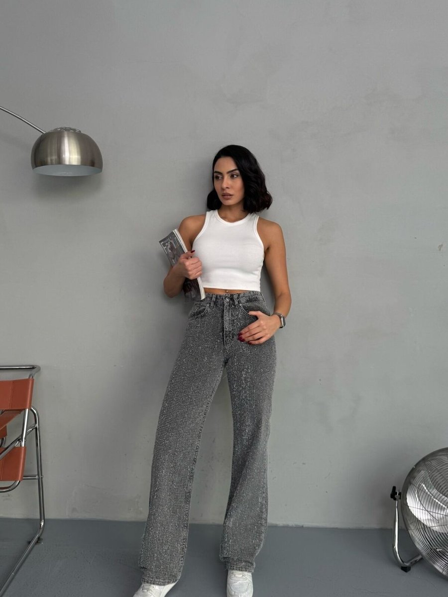 LOISY Gri Punch Tasarım Wide Leg Jean Pantolon