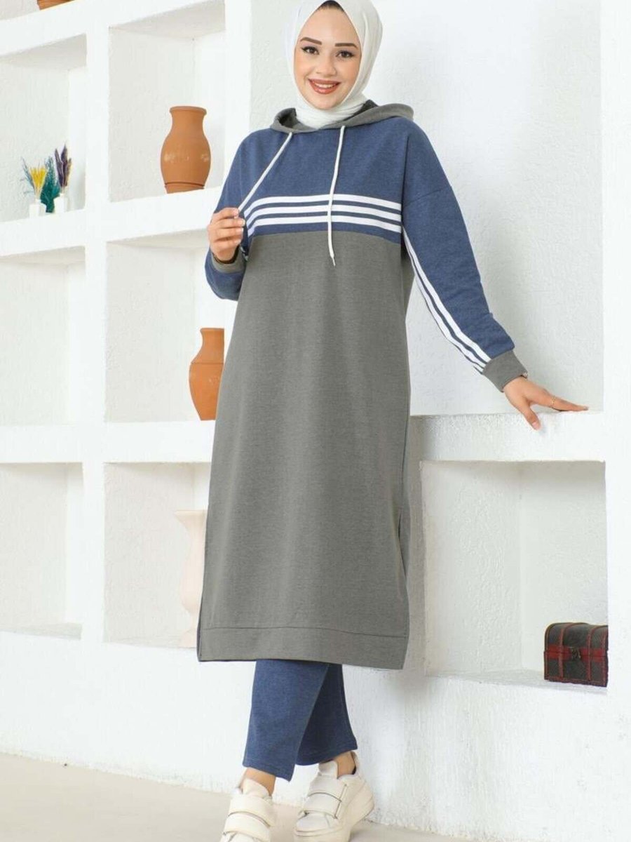 Mec Fashion Gri Şeritli Yırtmaçlı Spor İkili Takım