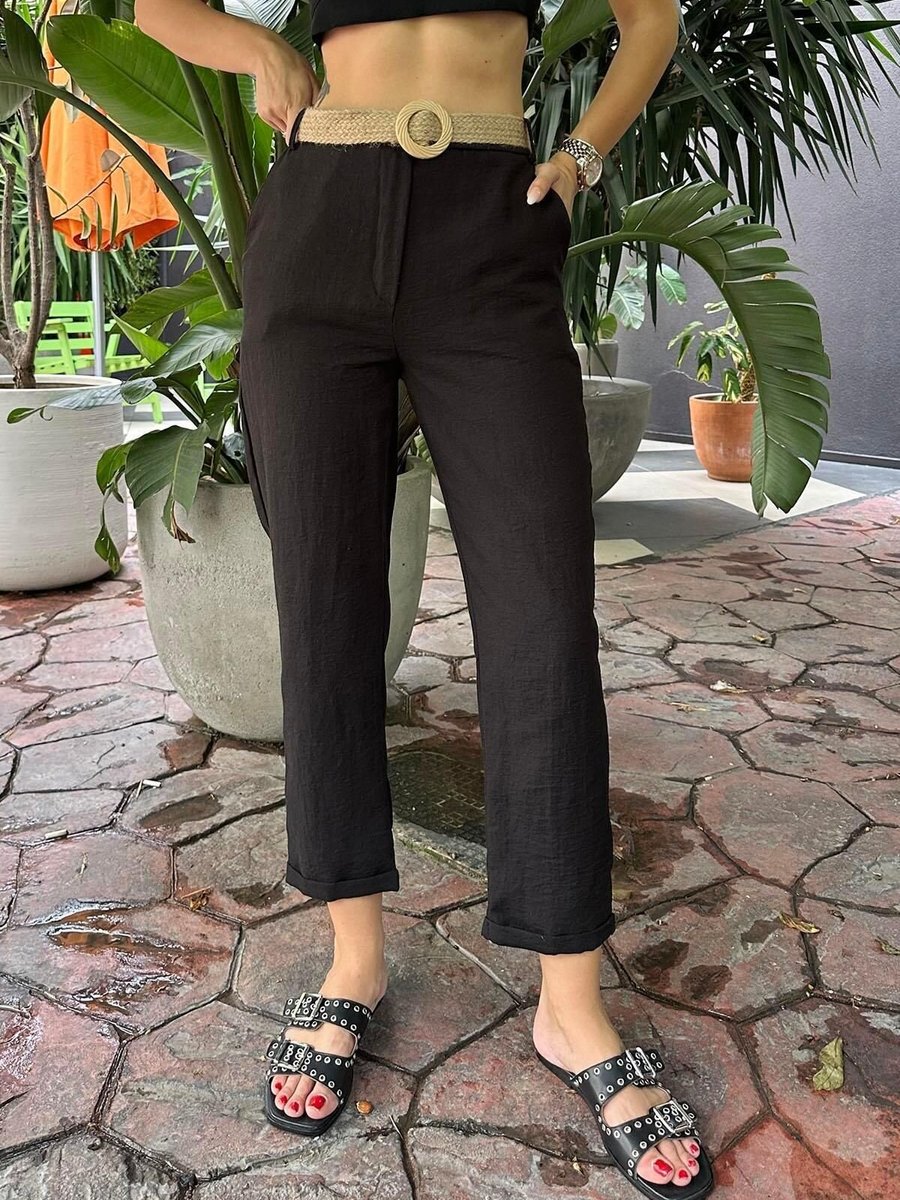 Moda cameo Siyah Keten Kemerli Düz Paça Pantolon