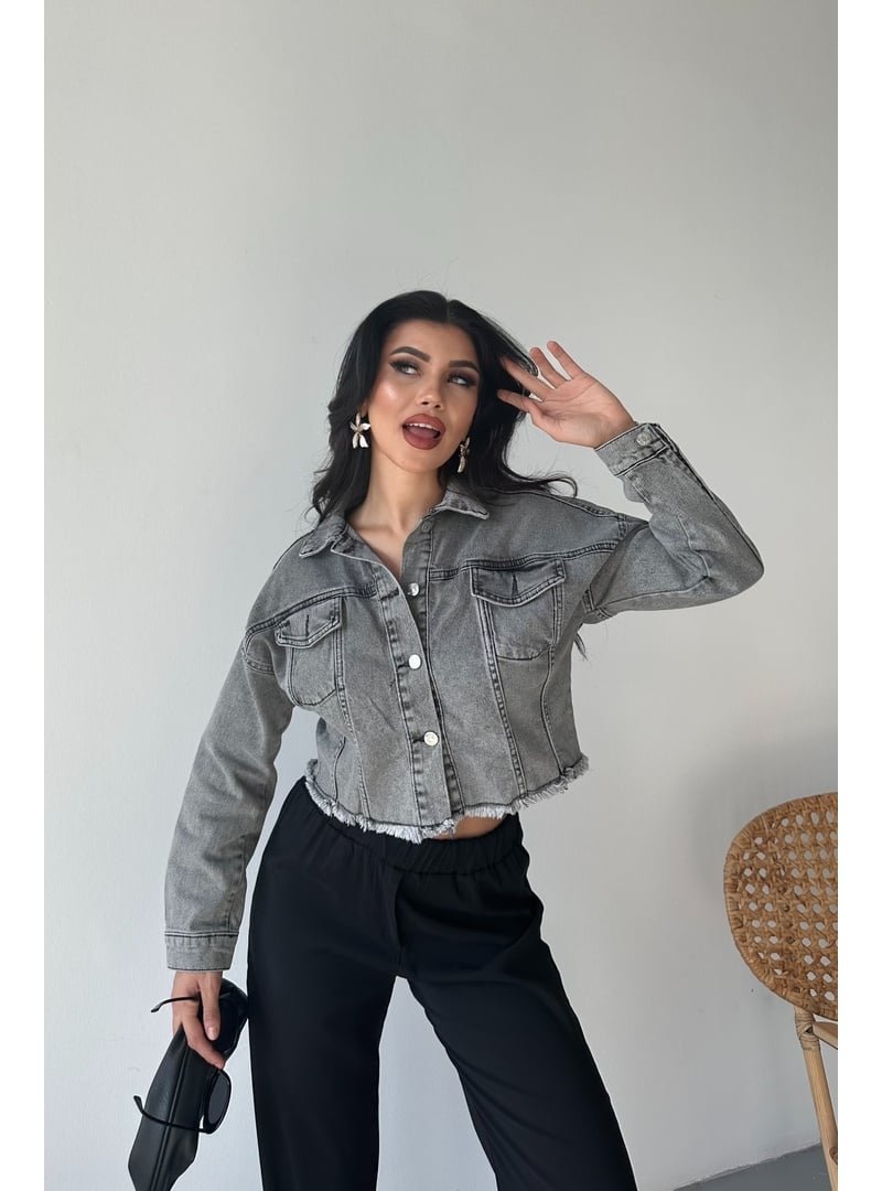 Destemoda Füme Çift Kapaklı Lazer Kesim Crop Kot Ceket