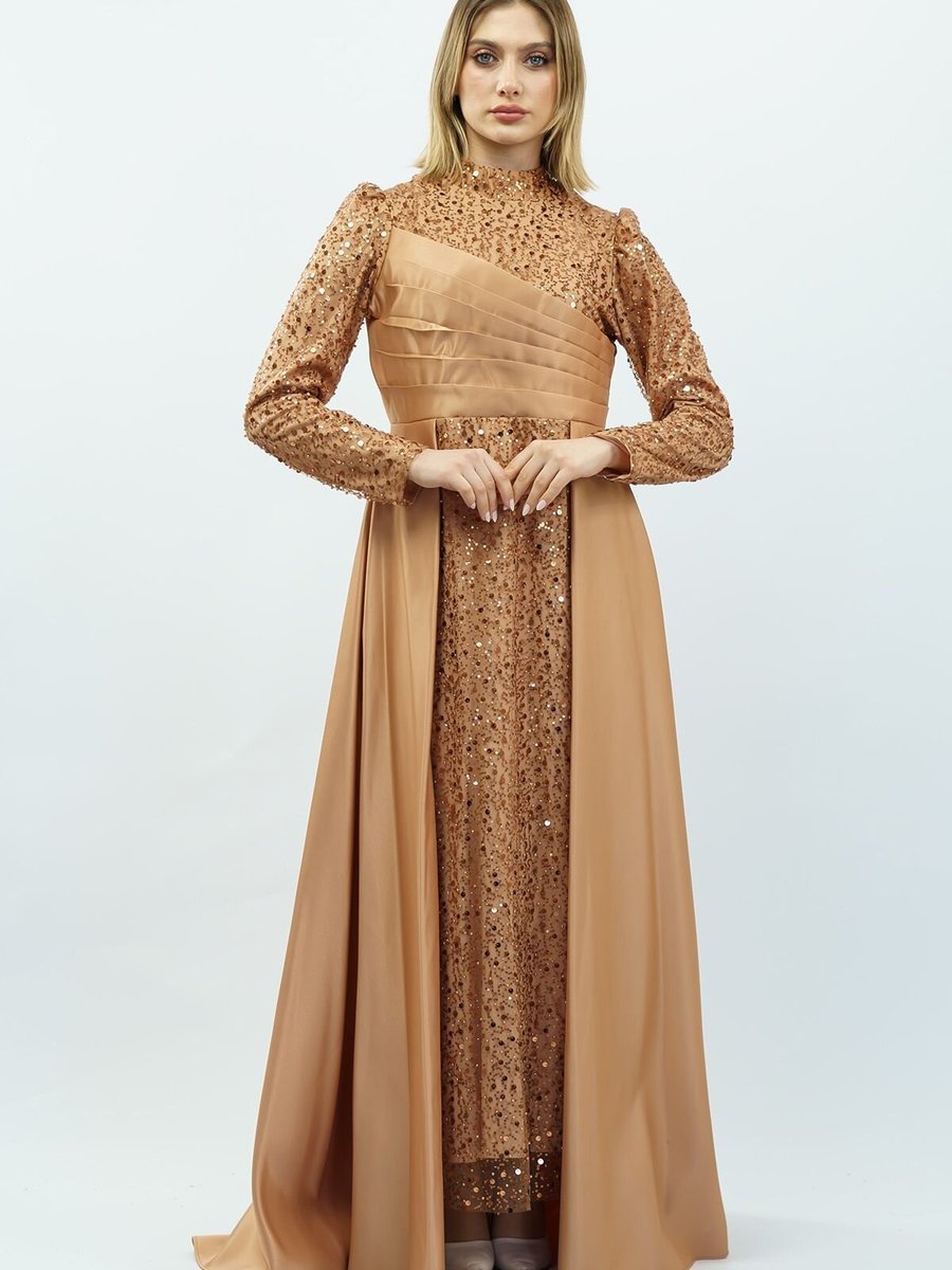 Mec Fashion Gold Payetli Drapeli Saten Abiye Elbise