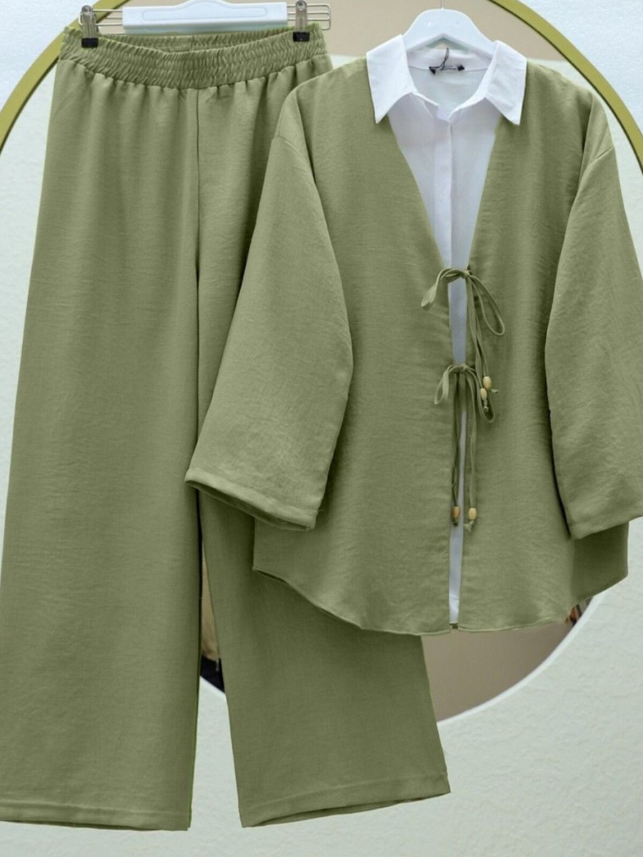 HİJABAYA Haki Önü Çift Bağlamalı Pantolonlu Kimono İkili Takım