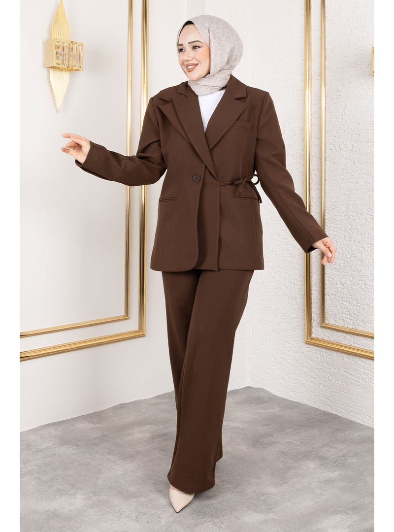 Tesettür Dünyası Kahverengi Çift Yakalı Blazer Ceket