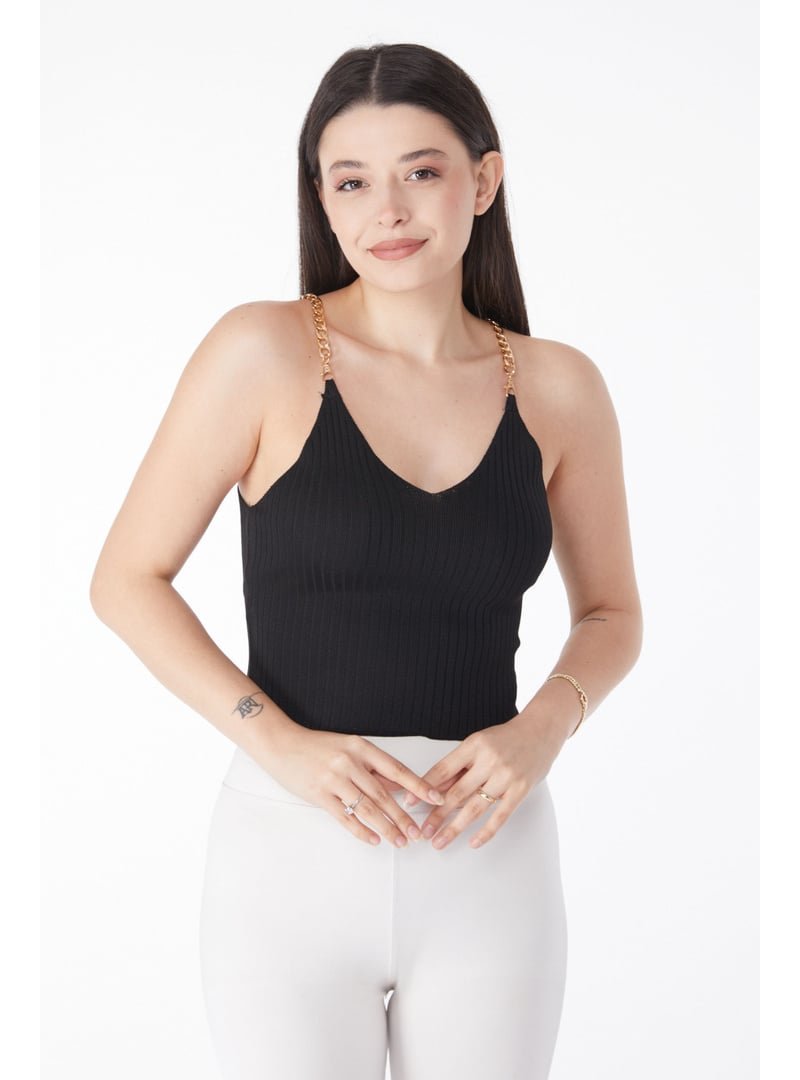 Tofisa Siyah Sıyah Zincirli Triko Crop