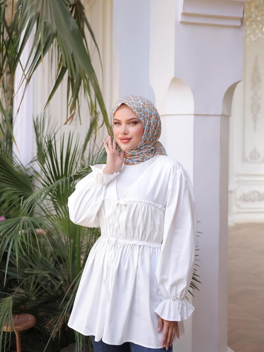 Nergis Neva Butik Beyaz Beli Büzgülü Lastikli Kimono Tunik