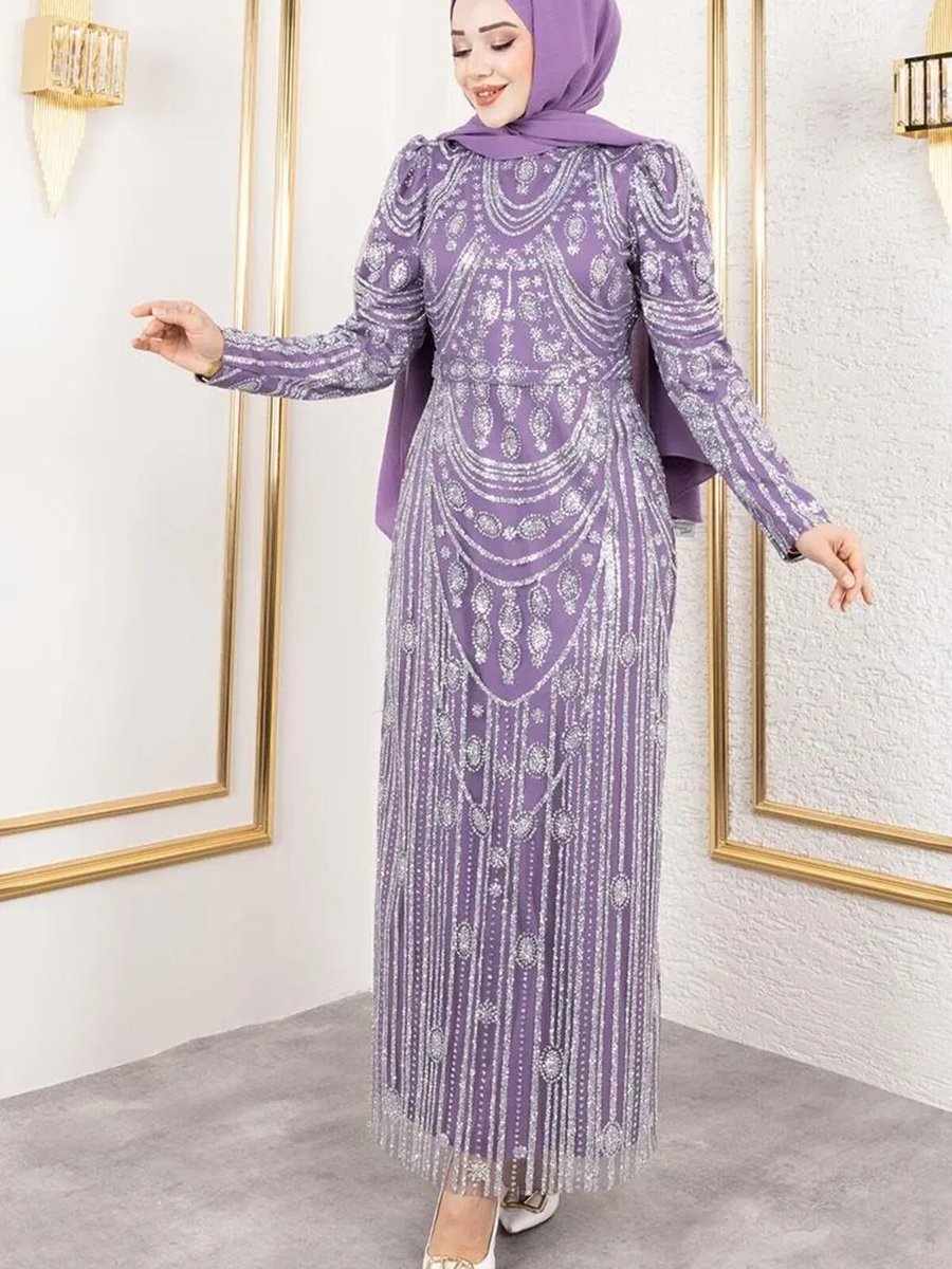 Mec Fashion Lila Elenor Simli İşlemeli Kalem Abiye Elbise