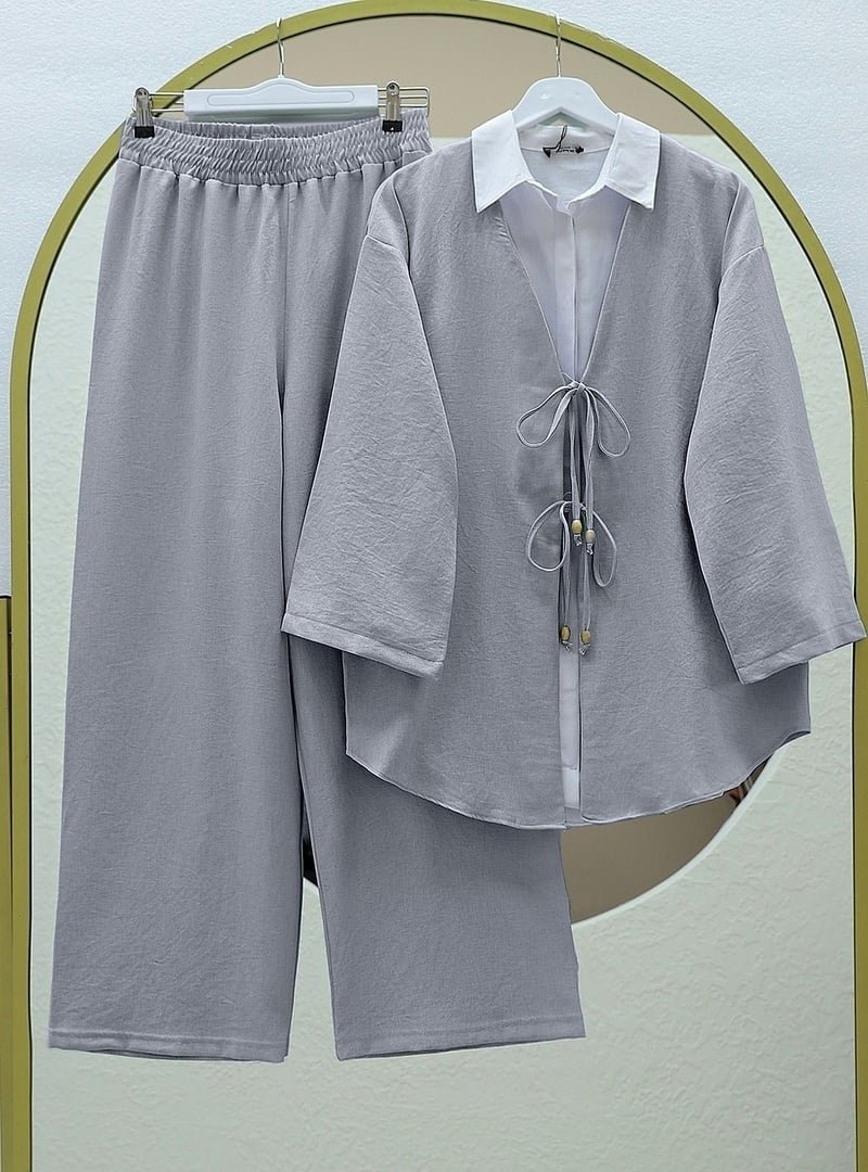Podyumplus Gri Önü Çift Bağlamalı Pantolonlu Kimono Takım