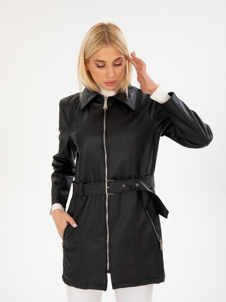 İLKCET MODA Siyah Uzun Deri Kemerli Pardesü