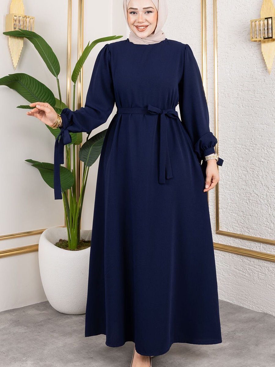 Mec Fashion Lacivert Manşeti Bağcıklı Elbise