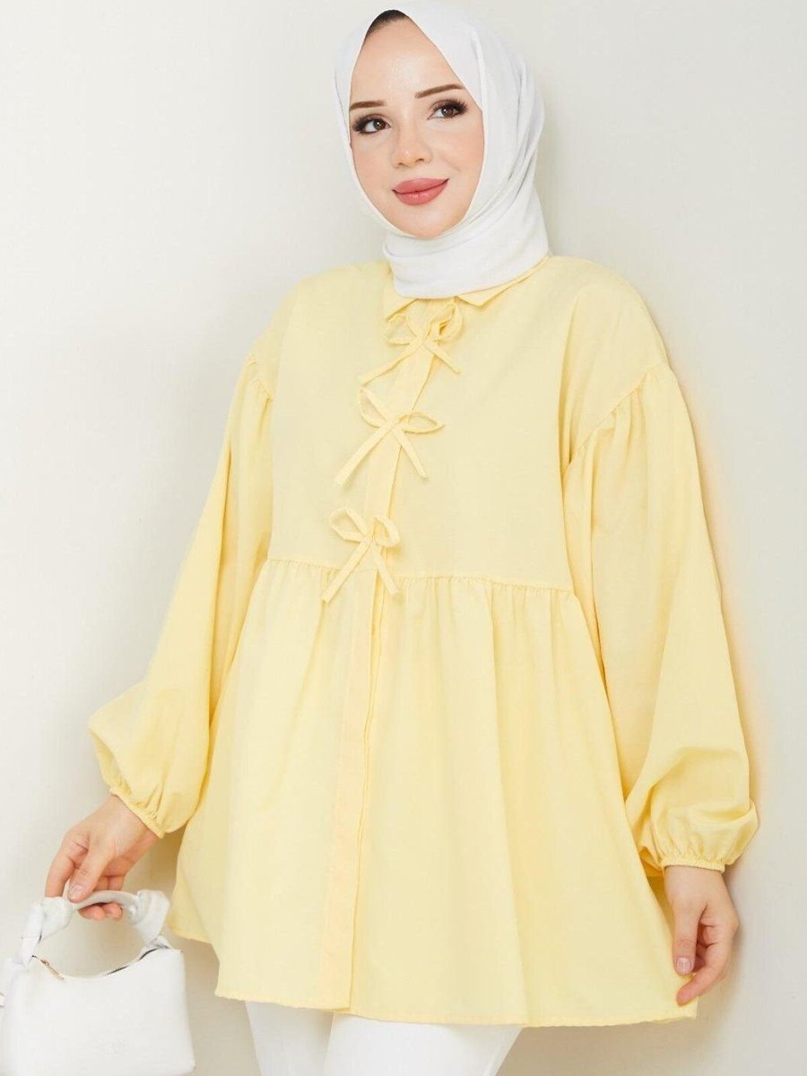Nergis Neva Butik Sarı Poplin Kumaş Fiyonklu Balon Kol Tunik