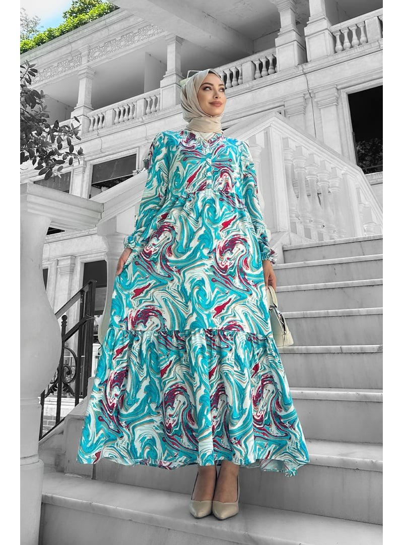 Liz Butik Mavi Lolita Viskon Desenli Elbise